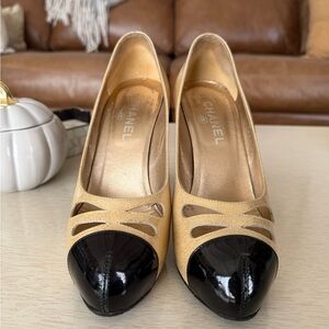 CHANEL Gold Sparkle Cut Out Black Cap Toe Patent Leather Heels